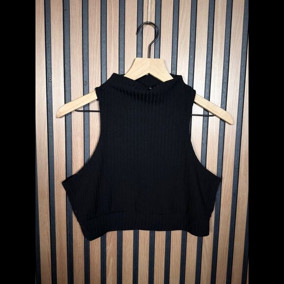 Free People Top Large Womens Black Sleeveless High Neck Ribbed Cropped - Picture 1 of 7